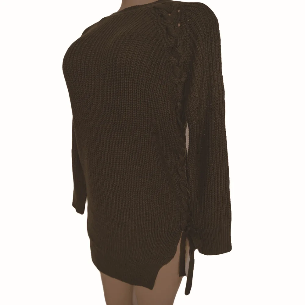 2018 г. модные зимние Для женщин свитера платье на шнуровке с длинным рукавом