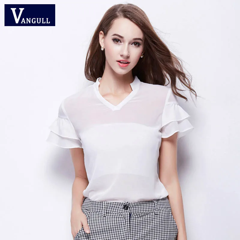 Блузка женская шифоновая с коротким рукавом и оборками|white chiffon blouse|chiffon blouse womenruffle