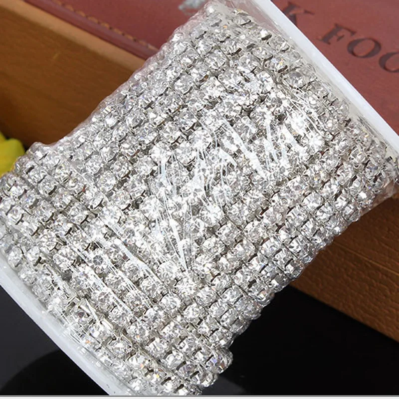 10yard /roll ss6.5 Silver Base Clear Crystal 2.1mm Intensive Claw Chain For DIY Beauty Accessories Rhinestone Chain
