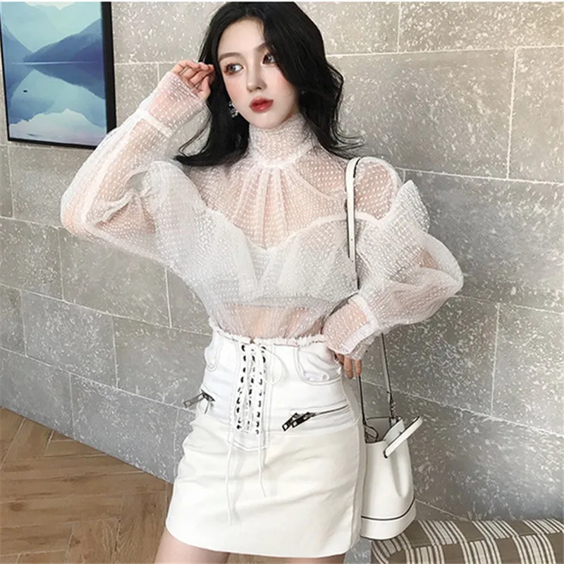 Korobov 2019 Новое поступление для женщин Блузка Стенд Collor горошек сетки Blusas корейский
