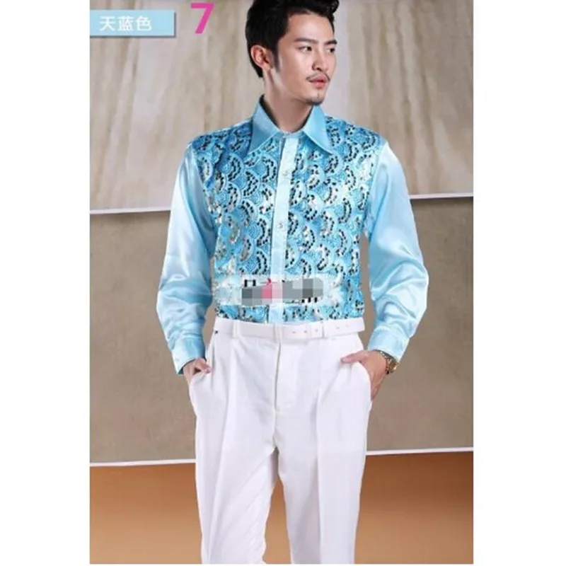 Мужские костюмы рубашка платье Блестящие Блестки мужские свадебные рубашки для