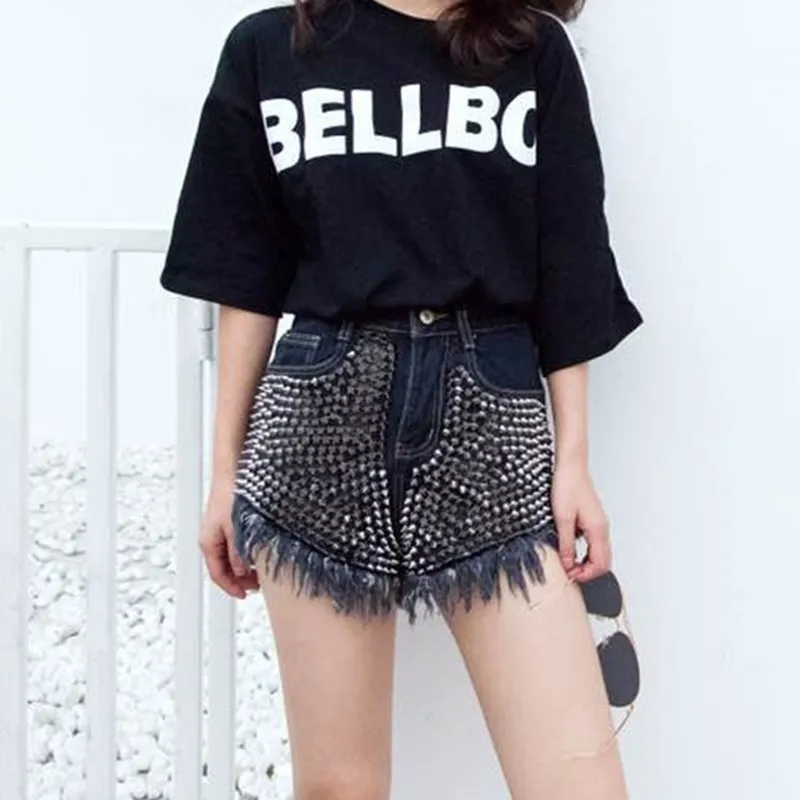 2018 Женская одежда с высокой талией заклепками и кисточками потертые хлопковые