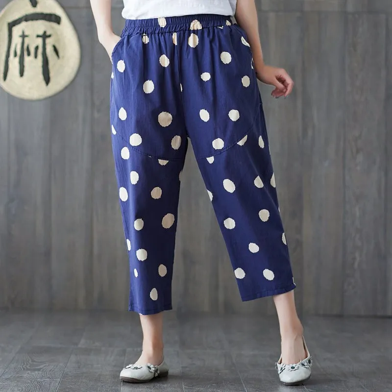 Women's Polka Dot Harem Pants Print Cotton and Linen Lady Loose Large Size Wild Casual | Женская одежда