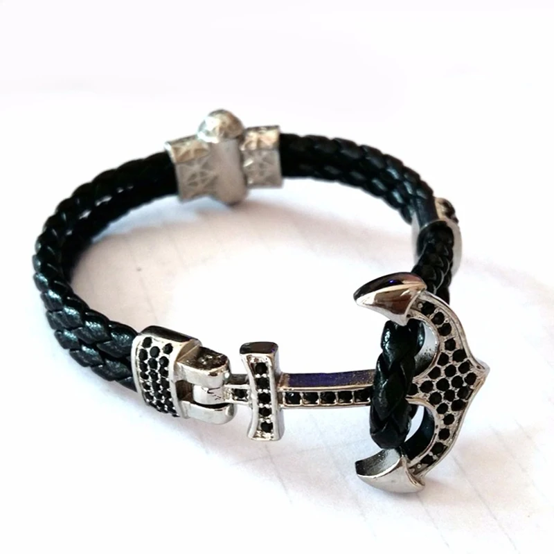 

Beichong Fashion Atolyestone Stainless Steel Black CZ Stone Anchor with 4mm Black Leather Bracelets & Bangles