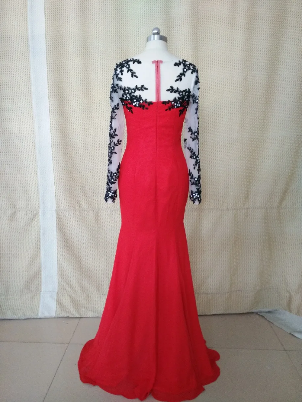 Длинные рукава черные кружевные красные вечерние платья 2015 длина до пола с