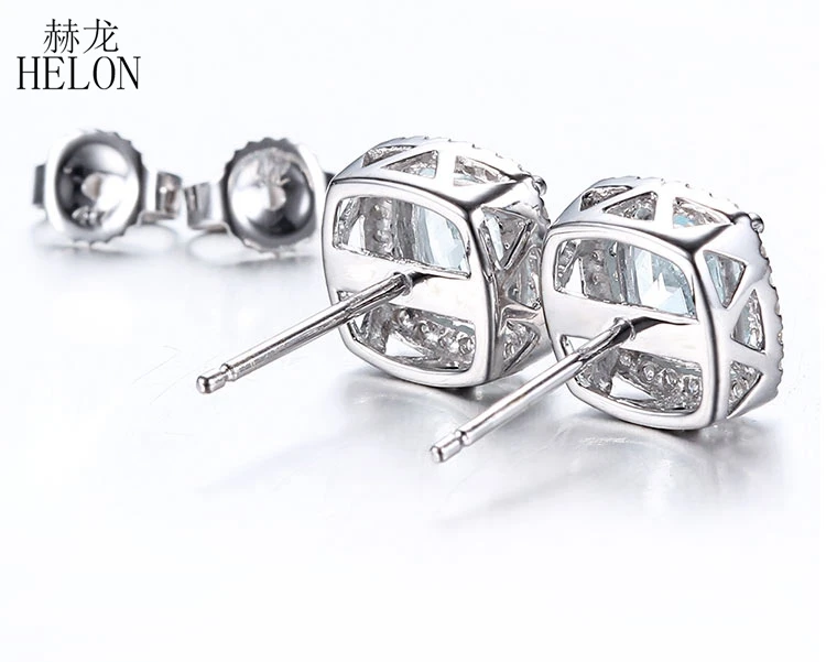 

HELON Aquamarine Stud Earrings 925 Sterling Silver 6x6mm Cushion Aquamarine Diamonds Earrings Engagement Wedding Women Jewelry
