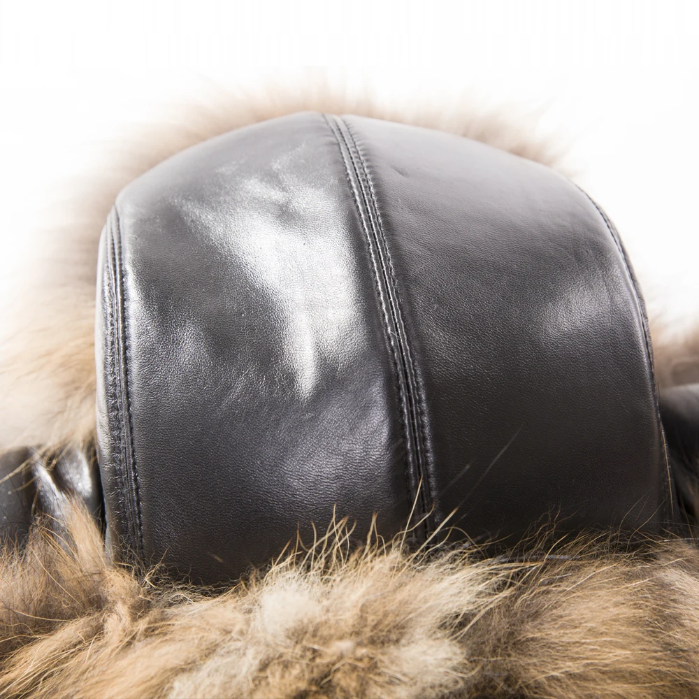 Men Raccoon Fur Hats Fox Fur Leather Bomber Caps Silver Fox Fur Male Lei Feng Bomber Hat For Middle-Aged  Leather Ear Flaps Hats