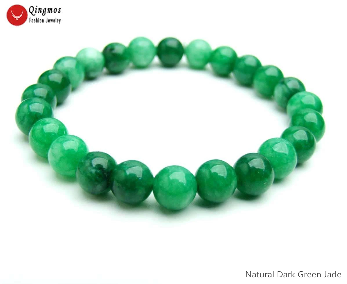 

Qingmos Fashion Natural Jades Bracelet for Women with 8mm Round Dark Green Jades Stone Strand Bracelet Jewelry 7.5'' bra482