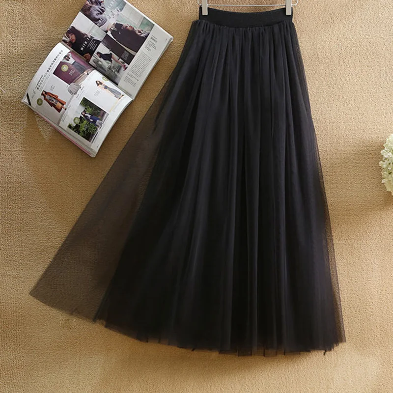 Tulle Gauze Skirt Spring Summer Retro Pleated Midi Long High Waist Pettiskirt women's Jupe Longue | Женская одежда