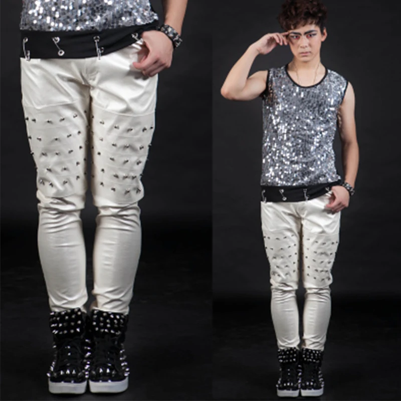 Костюмы для сцены певца 2019 нового года для мужчин, брюки с панк-риветами, мужская ночная клубная одежда для выступлений Ди-Джеев и Хип-Хоп танцевальных номеров, комплекты DNV11057.