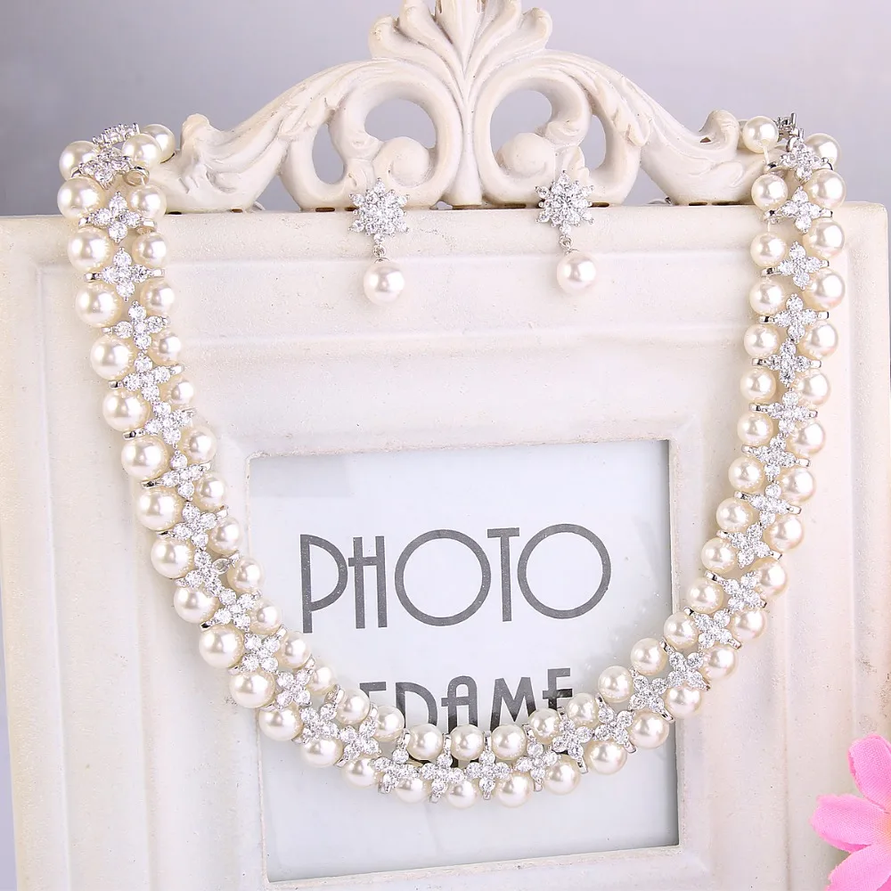 Tuliper Elegant Clover Flower Bridal Necklace Earrings Bracelet Set Cubic Zircon Pearl Jewelry Wedding Party | Украшения и