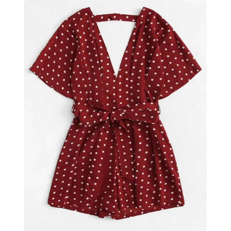 Лето в горошек с принтом Комбинезоны Сексуальная V шеи Boho пляж комбинезон Для Женщин Половина рукава Короткие Комбинезоны Macacao Feminino J8614 - Цвет: Бургундия