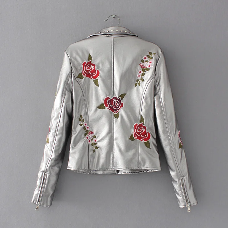 Ftlzz Новая осень Для женщин Искусственная кожа куртка Роза Вышивка заклепки ПУ