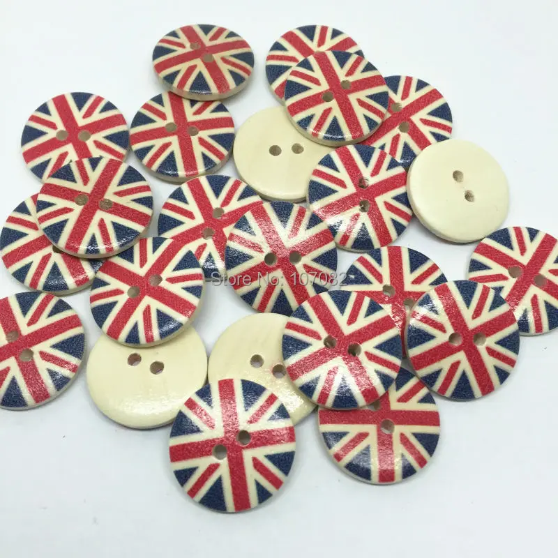 100 шт. 20 мм натуральный Британский британский флаг с двумя отверстиями для