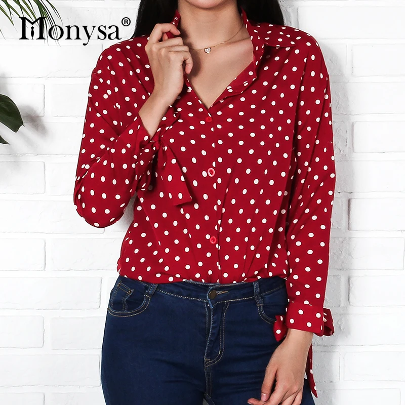 Red Vintage Polka Dot Shirts Women 2018 Autumn New Arrival Fashion Bow Long Sleeve Blouses Ladies Plus Size Casual Chiffon Tops | Женская