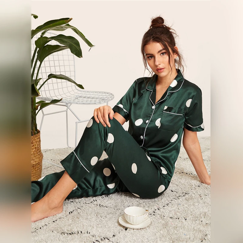 SHEIN Сатиновые весенне-летние пижамы с принтом, женская одежда, короткий рукав, длинные штаны, одежда для сна, повседневный комплект свободных пижам для дам