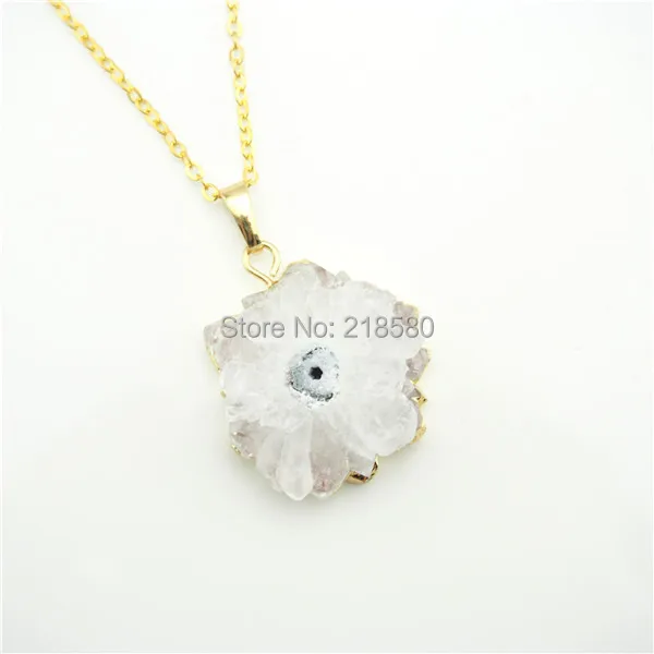 

QN331 White Crystal Quartz Stalactite Slice Druzy Crystal Pendant Necklace 24K Gold Electroplated Edges