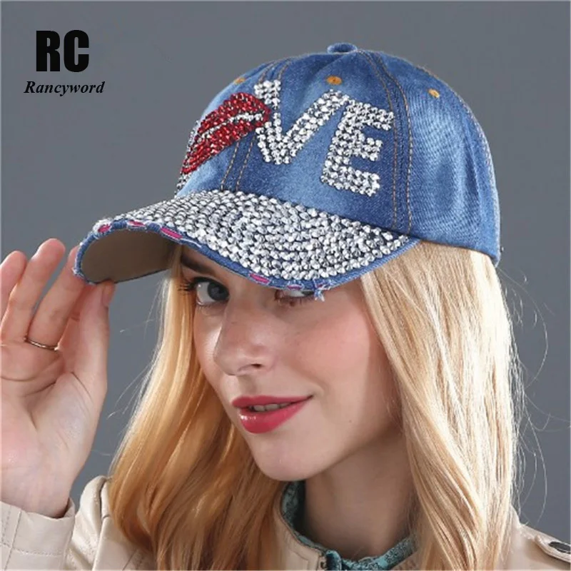 Love rhinestone crystal Hat women Denim baseball cap Vintage Female Sexy lips jean hats Point drill pearl cowboy caps RC1062