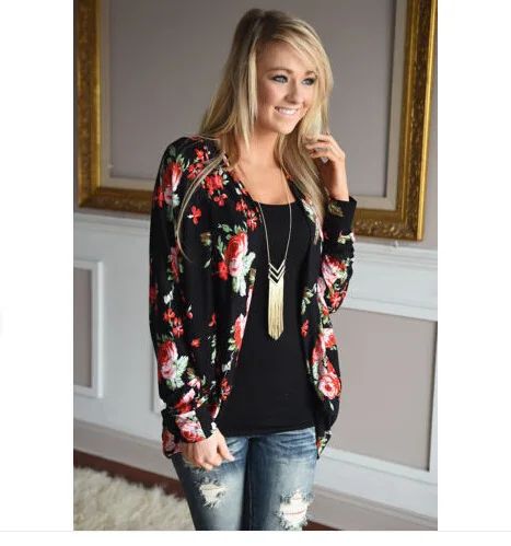 

Long Sleeve Lady Loose Europe hotStyle Women Coats and Jackets Prairie Chic Flowers Pattern V-Neck Open Stitch