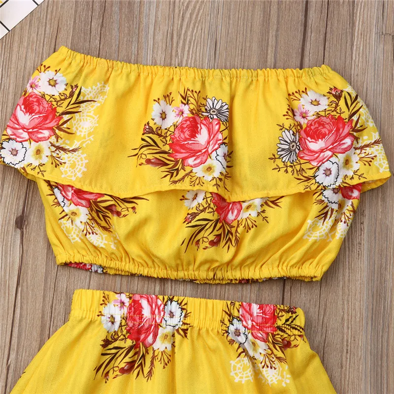 Boho/летняя детская одежда с цветочным рисунком для маленьких девочек Топы без бретелек открытыми плечами и