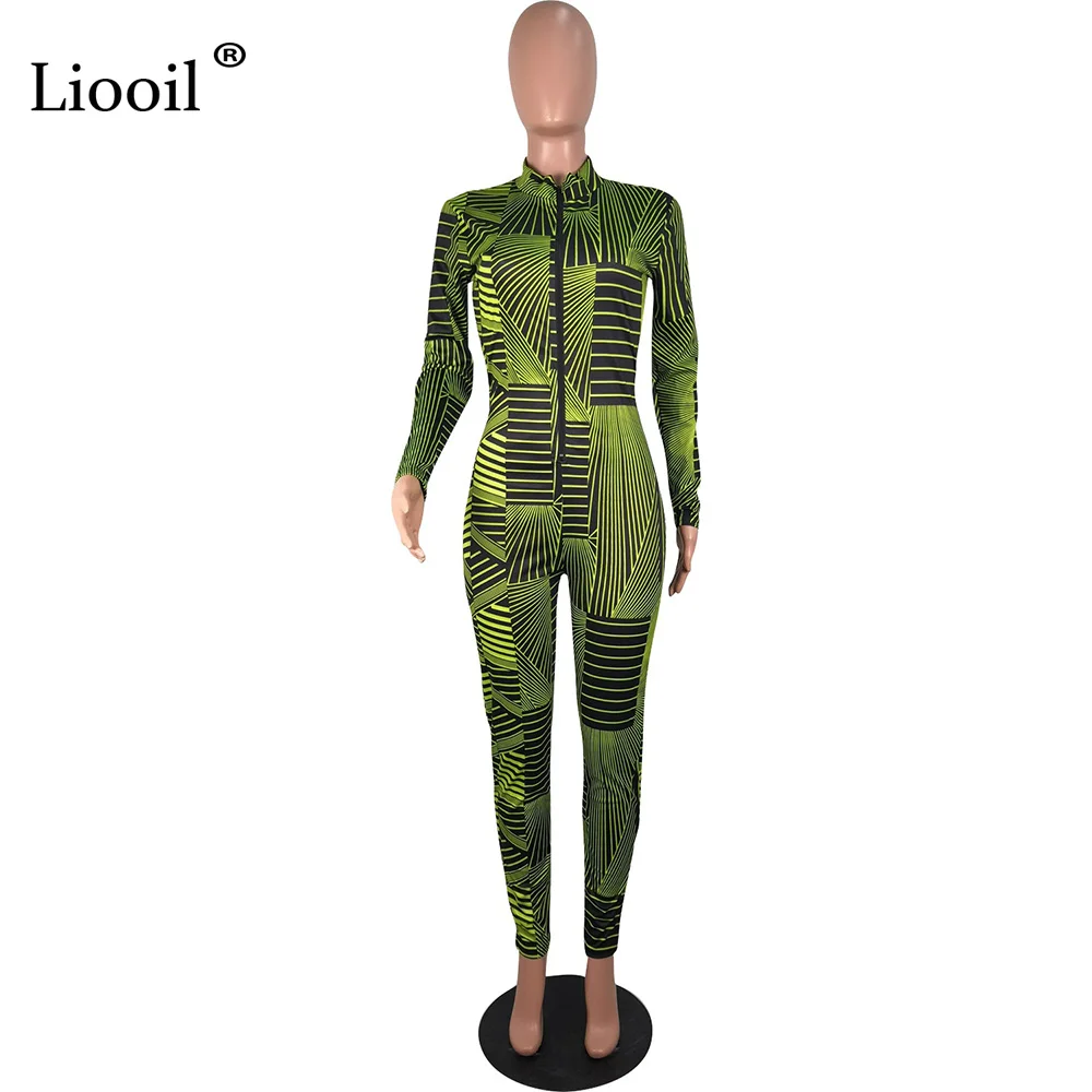 Liooil зеленый оранжевый сексуальный полосатый комбинезон колготки для женщин Клубные наряды длинный рукав вечерние на молнии Комбинезоны Женский комбинезон