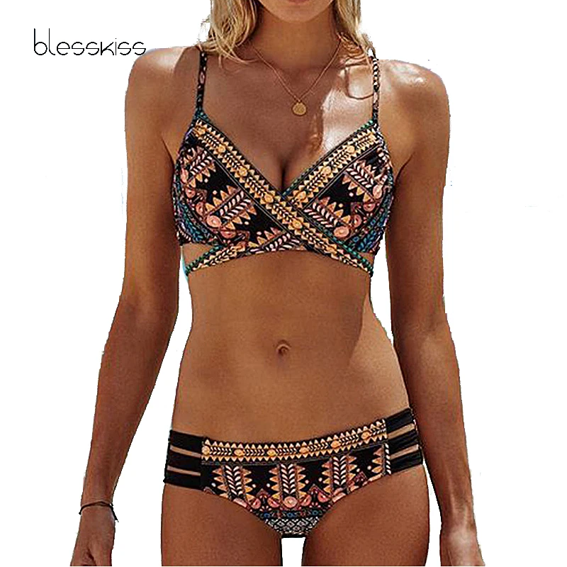 Blesskiss, сексуальный, мягкий, крест, бикини,, для женщин, Цветочный, Boho, пуш-ап, бразильский, бандаж, купальник для женщин, купальник