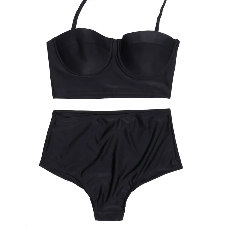 Женский однотонный купальник с завышенной талией батальных размеров|swimsuit