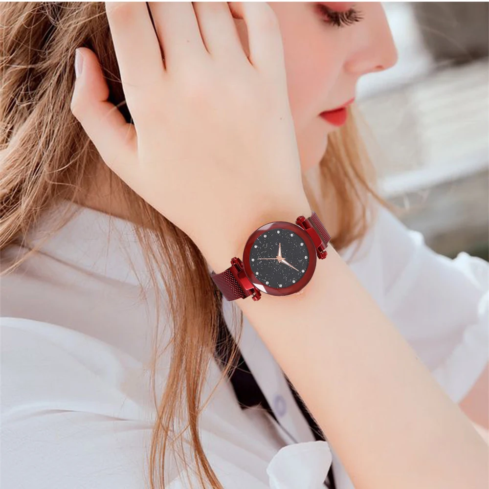

Luxury Starry Sky Watch Women's Minimalist Diamond Mesh Band Analog Quartz Wristwatch Lady Rose Gold Black Watches Reloj Mujer