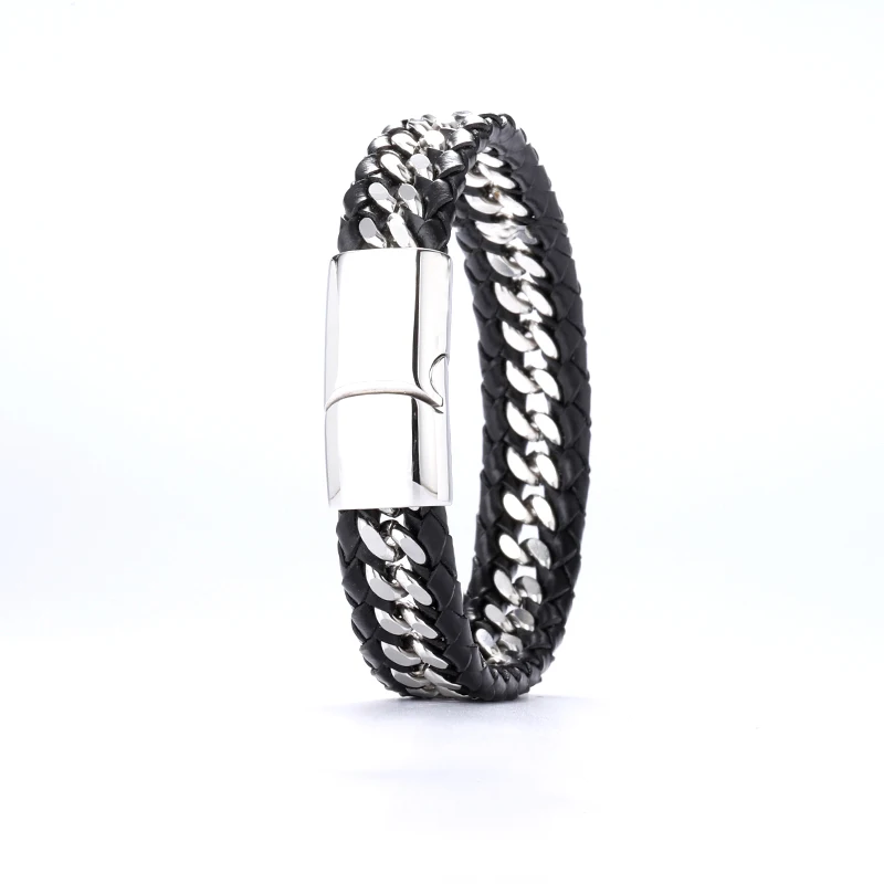 Мужской кожаный браслет 21 см из нержавеющей стали с покрытием | Украшения и