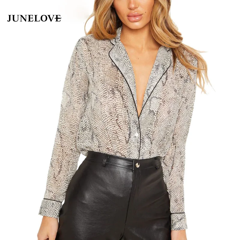 JuneLove отложной воротник Офисная Леди змеиный принт животных блузки с длинным