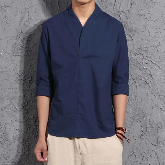 NavyBlue(Asian Size) Прямые поставки, мужские однотонные, стиль Харадзюку, летние рубашки,, уличная одежда, льняная рубашка, мужская мода, китайский стиль, Винтажные белые рубашки - Цвет: NavyBlue(Asian Size)