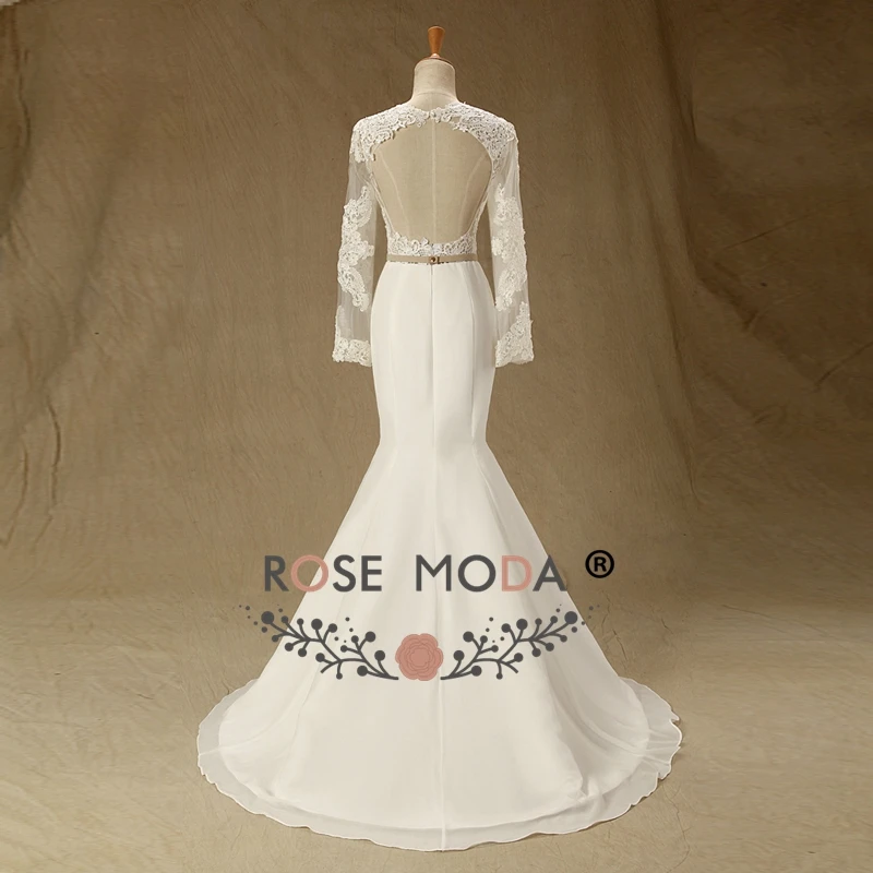 Rose Moda Lace Mermaid Wedding Dress 2019 Long Sleeves Backless Dresses Boho with Gold Belt Real Photos | Свадьбы и торжества