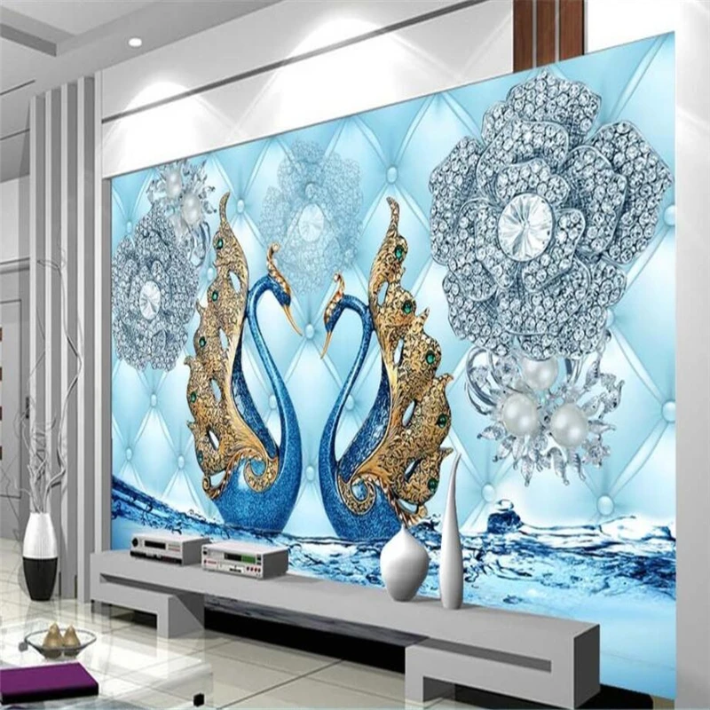 

beibehang Custom wallpaper living room bedroom murals luxury 3d swan diamond flower water pattern jewelery tv backdrop