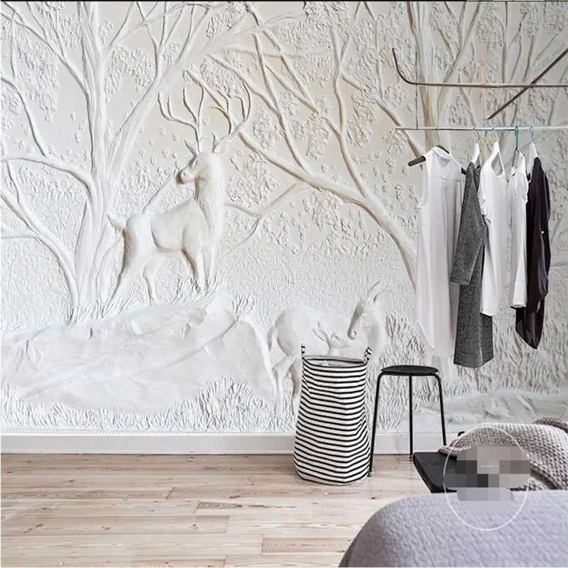 wallpaper-3D White relief wall deer tree Recreation elegant living room pictures mural murals-3d papers home decor | Обустройство