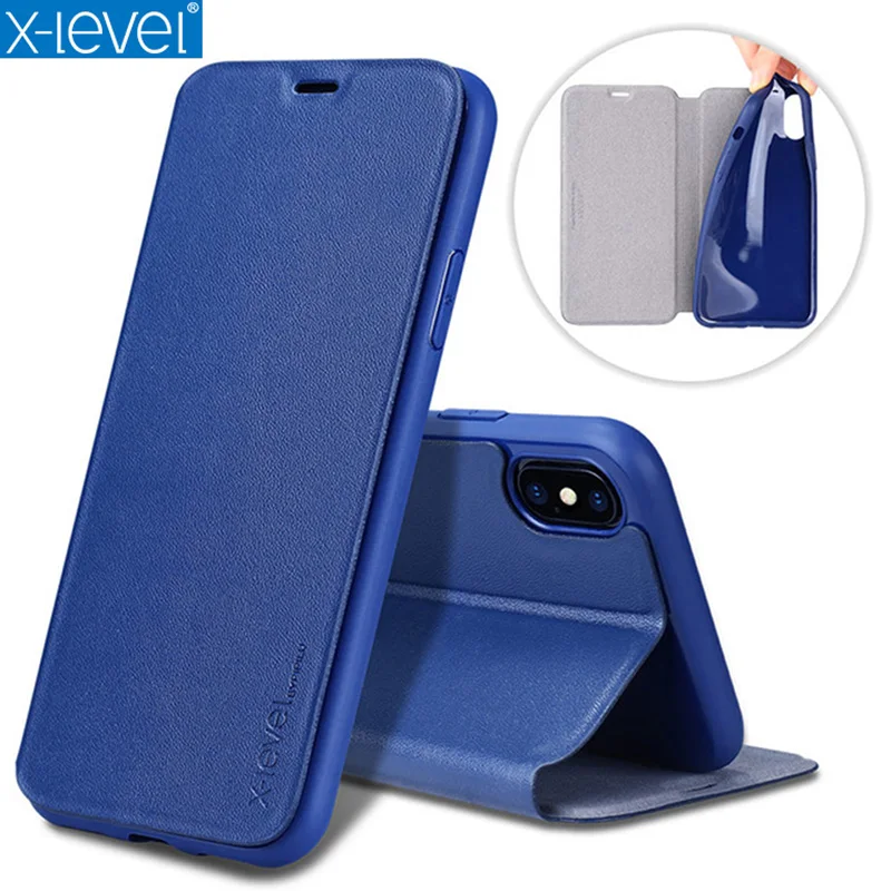 Роскошный флип чехол X Level для iPhone XS XR Max бизнес из искусственной кожи откидная