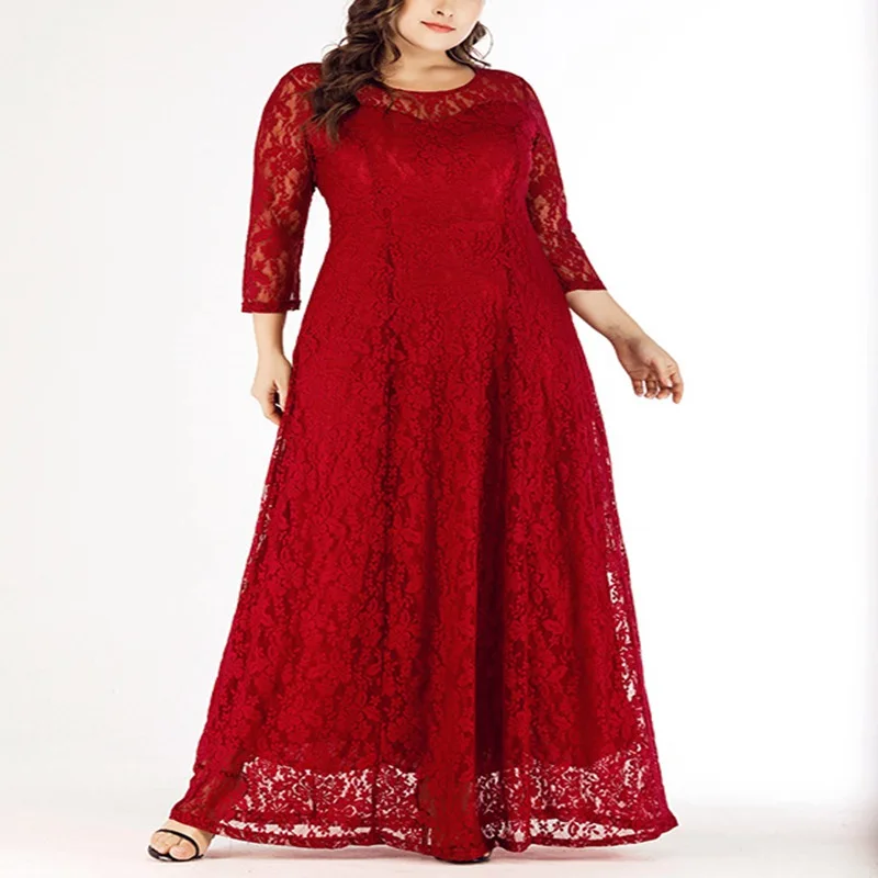 

New Large Size Fashion Lace Evening Dress 5XL 6XL 7XL 8XL Ladies Chain Link Cutout Three-quarter Sleeve Round Neck Swing Dress