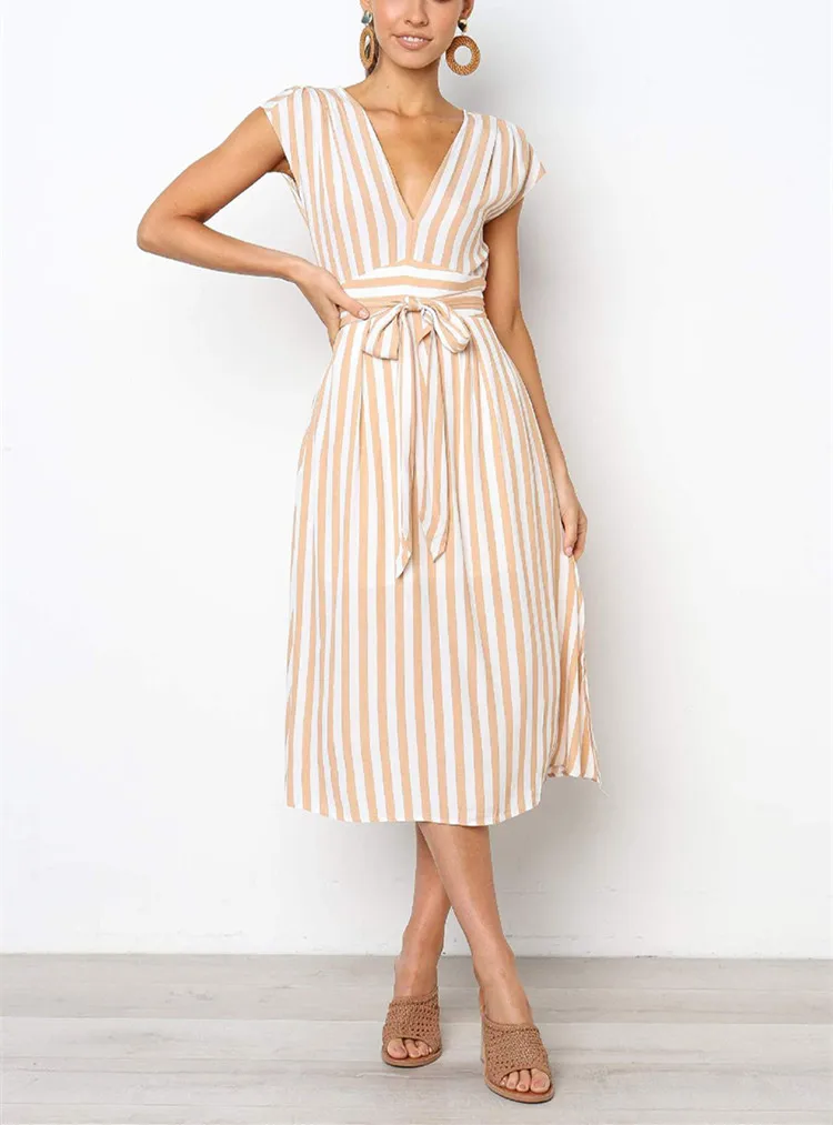 Женское платье рубашка в полоску с коротким рукавом и высокой талией Элегантное