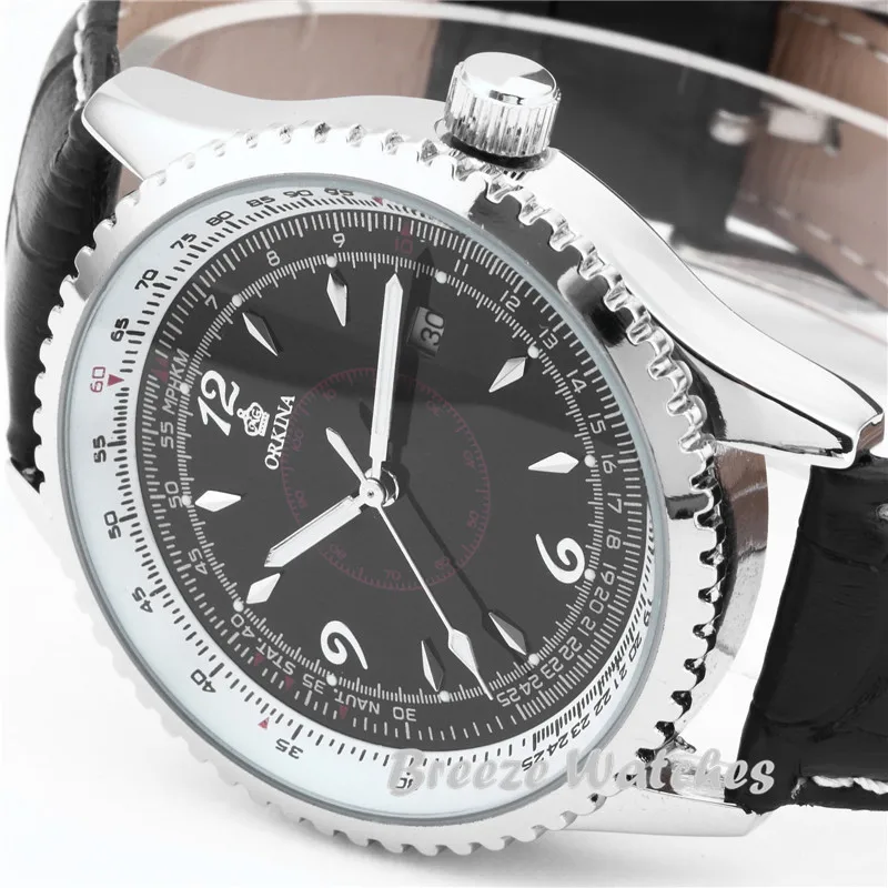 

MG. ORKINA Relojes Mujer Silver Case Quartz-Watch Date Wristwatch Clocks Black Leather Band Bracelet Watches Relogio Masculino