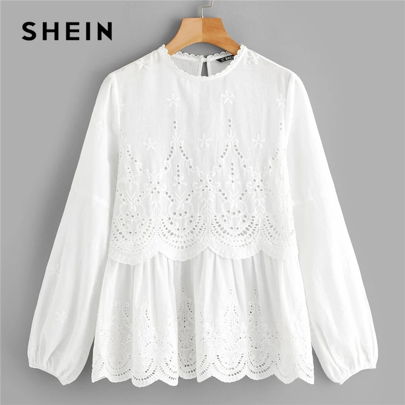 SHEIN блуза с баской и лазерной вставкой,, белая вышивка с ушками, длинный рукав, Женские топы и блузки
