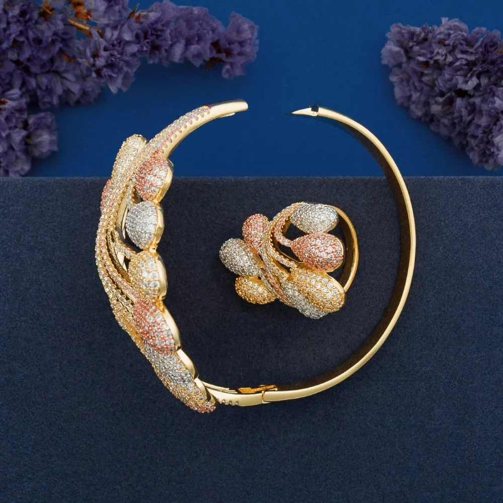 ModemAngel роскошный браслет с павлиньим хвостом и кубическим цирконием кольцо 3 тона