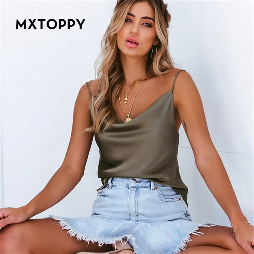 Mxtoppy Атласный Женский Топ 2019 летние майки жилет ремень без рукавов Твердые