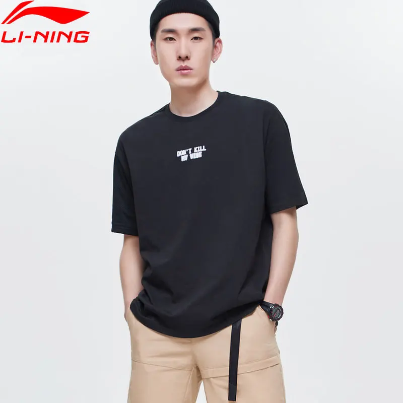 Li-Ning мужские трендовые футболки с коротким рукавом, 72% хлопок, 28% полиэстер, свободные спортивные футболки с подкладкой, топы AHSP127 MTS3094