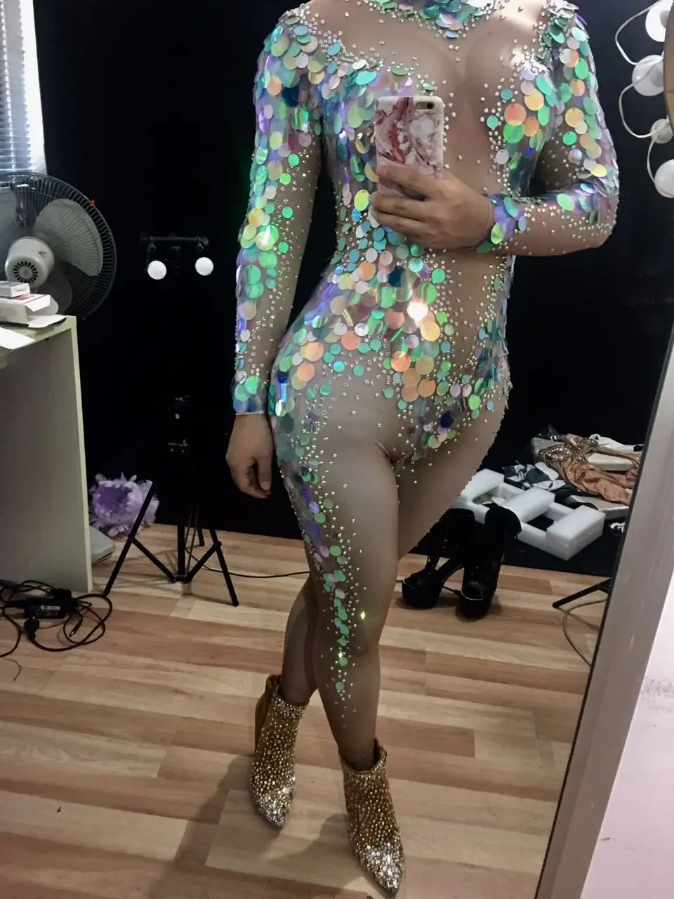 Mermaid Big Sequins Bodysuit Sexy Leggings Crystals Jumpsuit Party Costume Stage Performance Rhinestones Big Stretch Rompers