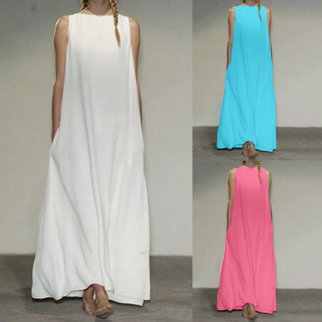 Женское платье без рукавов из хлопка и льна повседневное Свободное длинное с