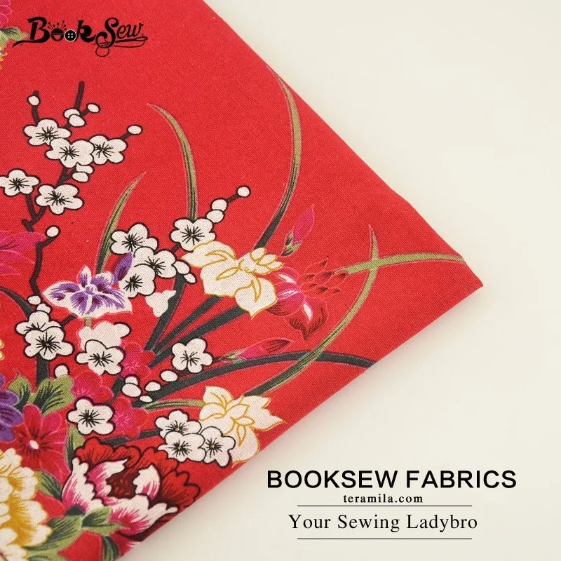 Тканевая ткань Booksew из натурального хлопка и льна с цветочным принтом красная для