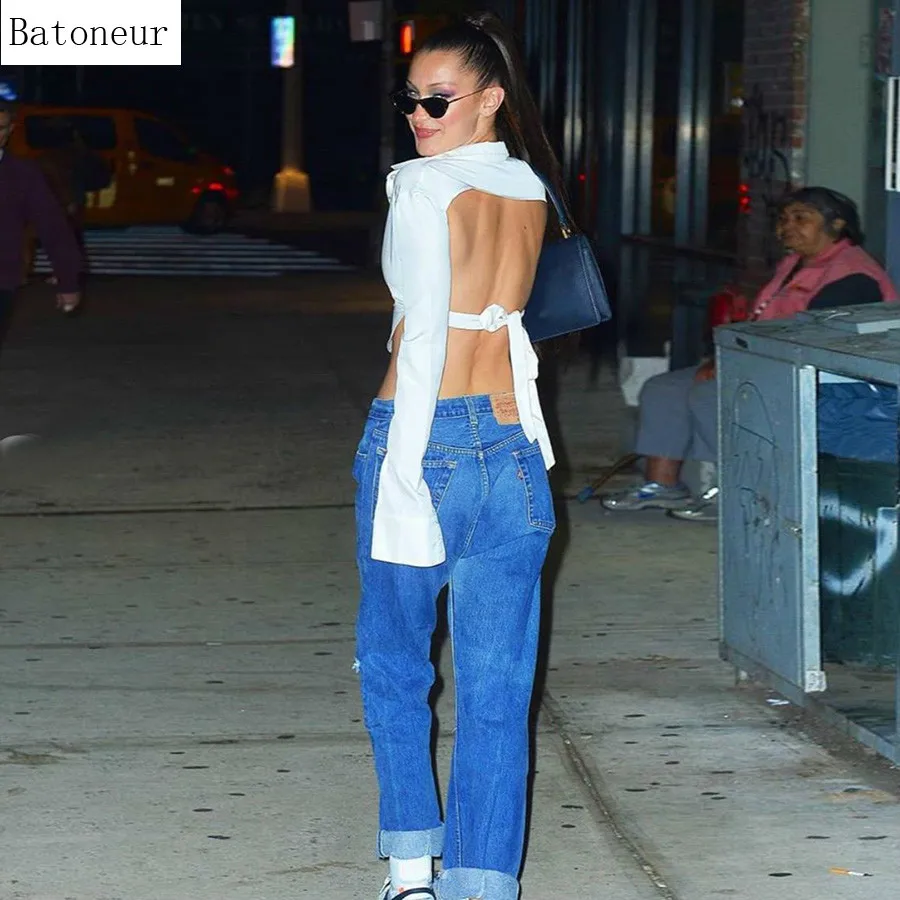 Весенние сексуальные блузки с открытой спиной на шнуровке Топ для женщин длинным