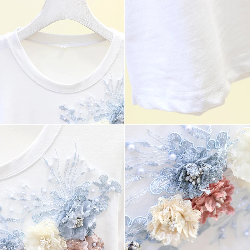 Повседневная Женская футболка 2019 летняя новая Корейская вышитая бисером