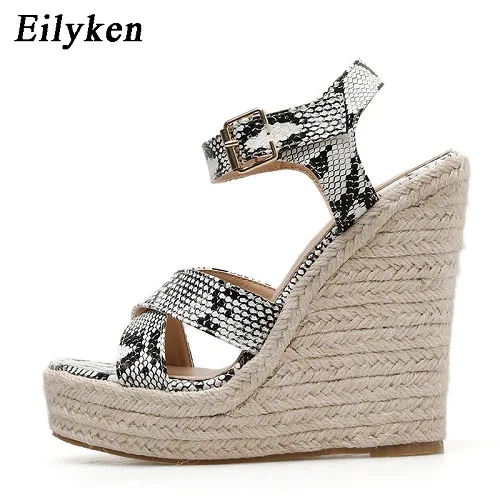 Apricot Eilyken/ г.; модные однотонные Босоножки на платформе; женские босоножки из змеиной кожи с открытым носком на высоком каблуке-танкетке с ремешком на щиколотке и пряжкой; женская обувь - Color: Apricot