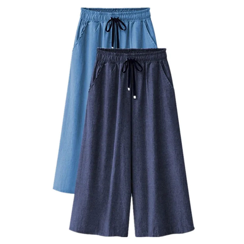 Женские брюки с широкими штанинами летние тонкие облегающие джинсовые ремнем