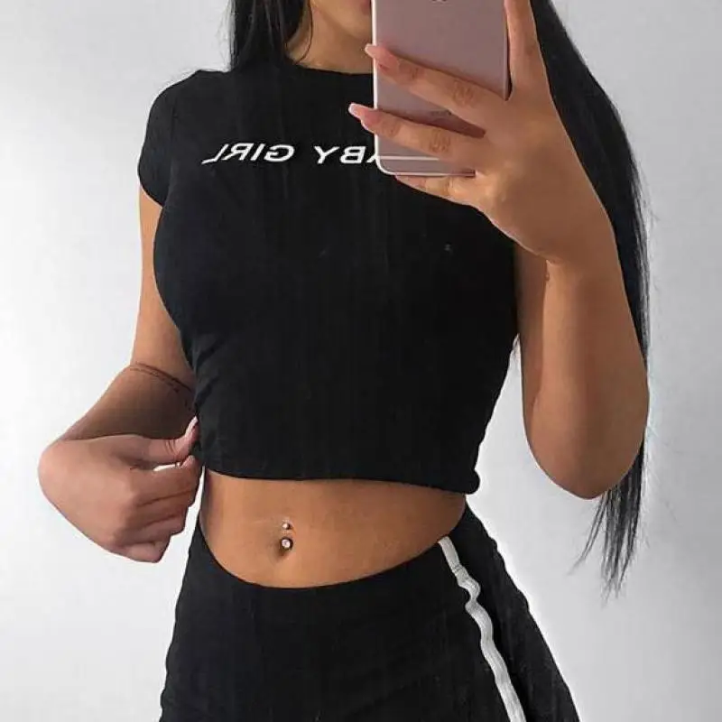2018 летние для маленьких девочек Письмо печати Фитнес укороченный топ Для женщин
